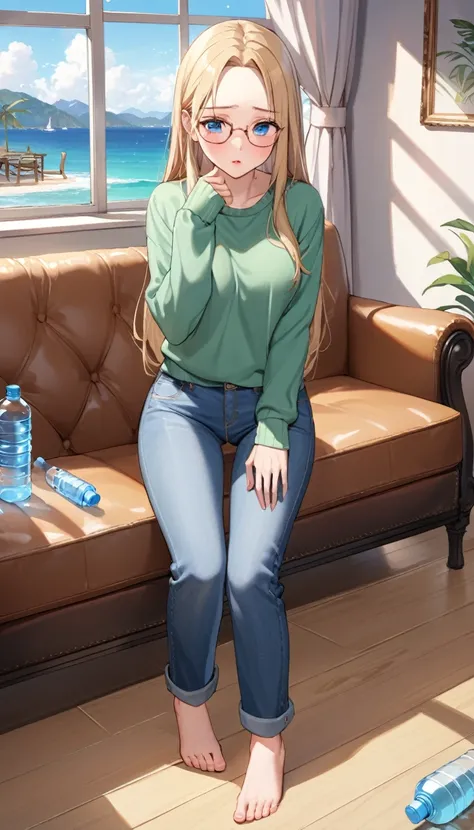 ((best quality, masterpiece:1.3, 8K)), (detailed), highly detailed face and skin texture, detailed eyes, living room, window, empty water bottles, full body, (slender body:1.1), 1girl, 25 years old, white skin, blue eyes, reading glasses, bright lips, worr...