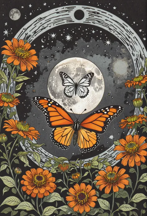 symmetric, balanced, monarch butterfly at the center of the moon surrounded by a frame of zinnia flowers, dark amber and gray co...