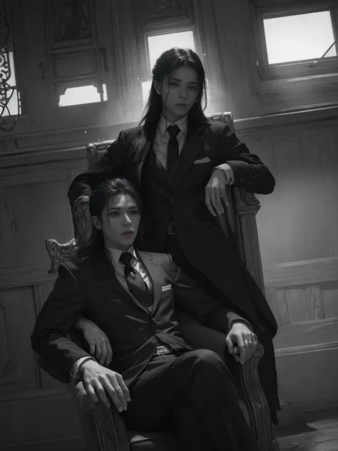 kanao from demon slayer,long flowing hair,piercing eyes,full lips,sitting on a grand throne,sleek black suit and tie,confident a...