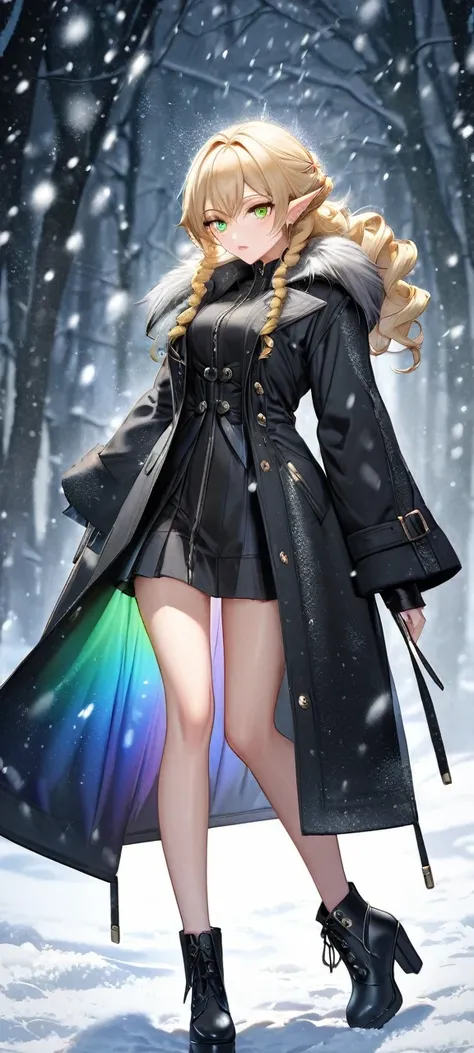 best quality, super fine, 16k, incredibly absurdres, extremely detailed, delicate and dynamic, cool and beautiful pretty elf woman, blonde with a gorgeous drill hair style, captivating look, aroused expression, tall and stylish, wearing a heavy coat and wa...