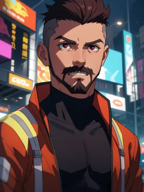 cyber punk, naked cos, short hair man, fair skin and thin eyebrows,  well-groomed beard and mustache with neutral expression, we...