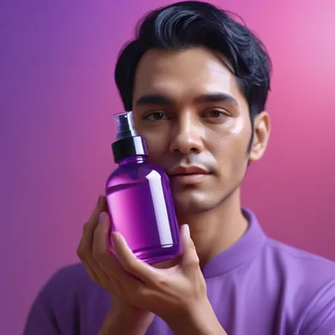 bottle of massage oil in his hand in his hand, blackhair male hands holding purple bottle of massage oil to her face, that is glowing with pink and purple colours, dripping wet, closeup macro photo, minimalistic, in a light purple and pink style, with soft...