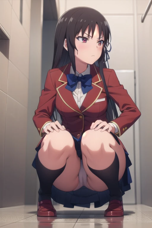 nsfw,suzune horikita,toilet,toiletに座る全身を映す,front,from the front,uniform,Red blazer,Hair ribbon, black knee-high socks,pull down pantie,(looking away)