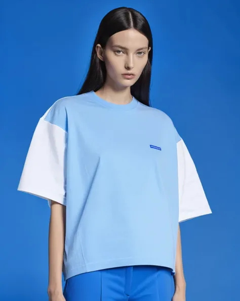 white oversize t-shirt, all blue color background,balenciaga concept fashion photo, Paris