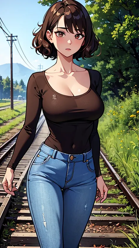 masterpiece, best quality, ultra-detailed, 1girl, eye-level shot, walking, brown curly short hair, large breasts, (collarbone), long sleeve compression shirt, jeans, abandoned railroad tracks