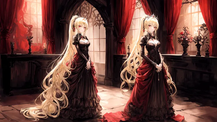 An anime-style princess with long, flowing blonde hair in a ponytail, standing gracefully inside a grand, dimly lit castle. She is wearing an elegant, Gothic-style dress with intricate details and dark colors. The princess has soft, pale red eyes and a sly...