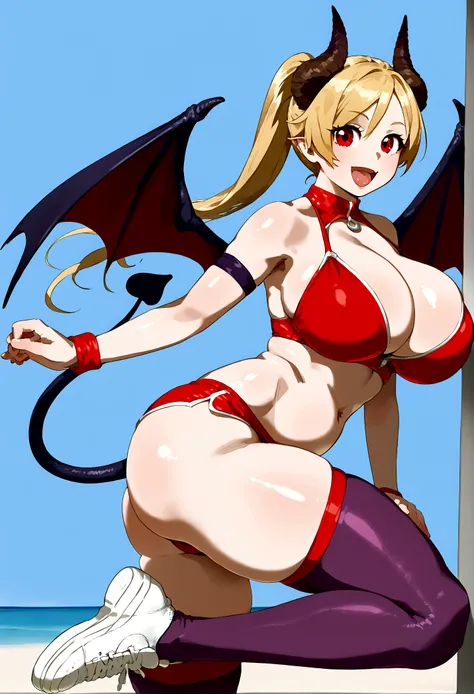 1girl, demon, demon horns, demon girl, smile, long hair, red eyes, ponytail, ass, open mouth, tail, cleavage, large breasts, thighhighs, swimsuit, bikini, wings, horns, shorts, sneakers, demon tail, demon wings, looking at viewer, solo,