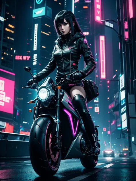 Cyberpunk: A slender girl is driving a futuristic motorcycle, racing through a neon city and firing a gun