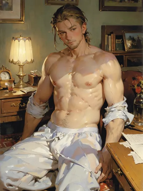 art by (Carl Larsson:1.2),(post-Impressionist),,((oil painting)),soft lighting,COOL, handsome businessman shedding his skin, beneath his skin is a buxom ninja woman