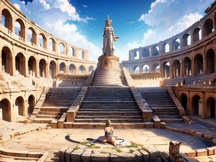 the scene takes place in a Flavian Amphitheater, [Best quality, shadow, extreme detail, very detailed, ultra detailed, complex, realistic, complex and detailed masterpiece of an ancient Greek dream], the dream is of the breed human cats, she is decorated w...