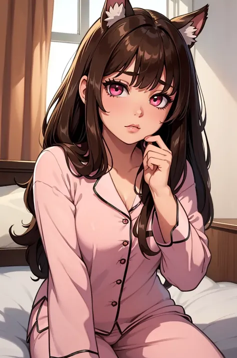 ((masterpiece)), ((detailed, high quality)), girl, cute face:1.2, soft brown hair, super straight hair, ((puppy ears down, floppy ears)), pink eyes, ((soft brown pajamas)), bedroom, close-up, cute pose, very long hair, fluffy bangs