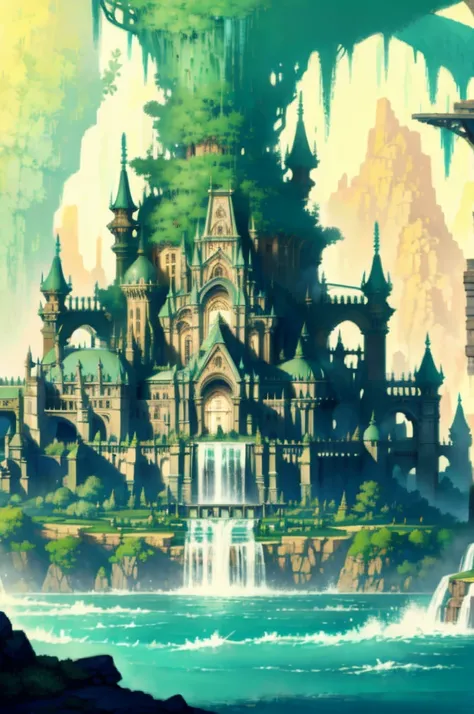 Green kingdom, big castle, statue, waterfall