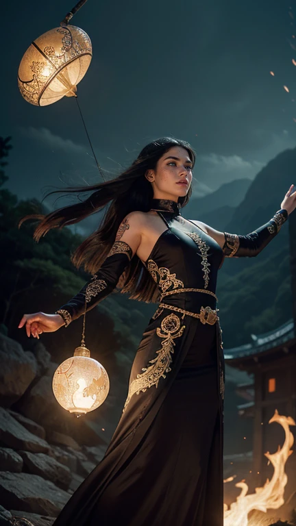 An Asian witch spirit, Malaysian woman, age 35, long hair, extensive tattoos (dragon motif), evil body jewelry, woman wearing a long maxi wrap dress with trumpet sleeves made of silk and lace fabric embroidered with many Asian patterns, glowing eyes, and a...