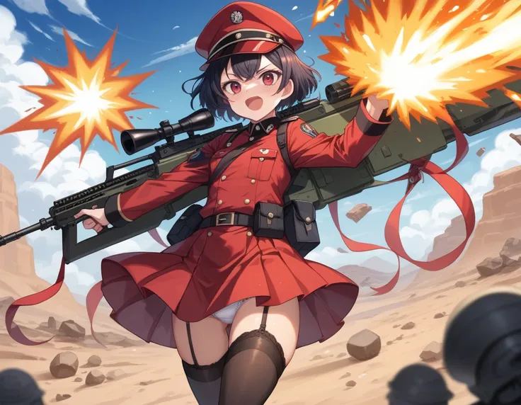 Small breasts、A platoon of girls in bright red military uniforms and long red skirts、Red military uniform and red long skirt、Panty shot、Cute snow-white underwear、garter belt、A pair of girl platoon leaders and soldiers equipped with two assault rifles、deser...