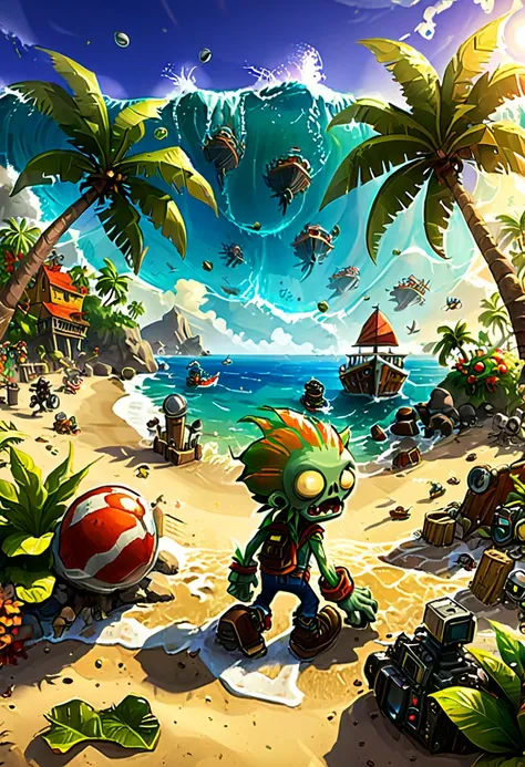 (game,  "Plants vs. Zombies"), warm toned beach scenes. Zombies are under palm trees, enjoying the sunshine, and the waves are hitting the beach, bringing a calm atmosphere, full body, (Photography), panoramic view, award-winning, cinematic still, emotiona...