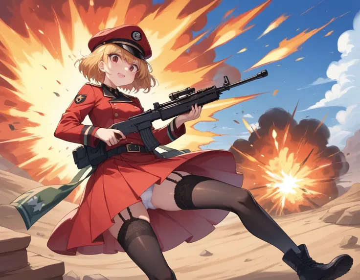 Small breasts、A platoon of girls in bright red military uniforms and long red skirts、Red military uniform and red long skirt、Panty shot、Cute snow-white underwear、garter belt、A pair of girl platoon leaders and soldiers equipped with two assault rifles、deser...