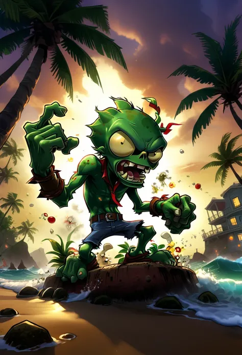 (game,  "Plants vs. Zombies"), warm toned beach scenes. Zombies are under palm trees, enjoying the sunshine, and the waves are hitting the beach, bringing a calm atmosphere, full body, (Photography), panoramic view, award-winning, cinematic still, emotiona...