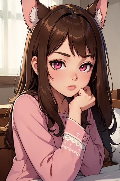 ((masterpiece)), ((detailed, high quality)), girl, cute face:1.2, soft brown hair, super straight hair, ((puppy ears down, floppy ears)), pink eyes, ((brown pajamas)), bedroom, close-up, cute pose, very long hair, fluffy bangs