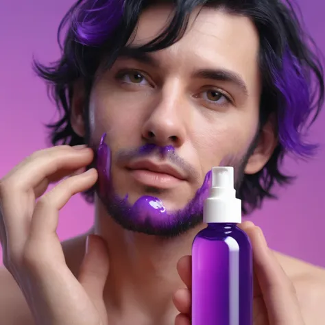 bottle of massage oil in his hand, blackhair white European male hands holding purple bottle of massage oil to her face, that is glowing with pink and purple colours, dripping wet, closeup macro photo, minimalistic, in a light purple and pink style, with s...