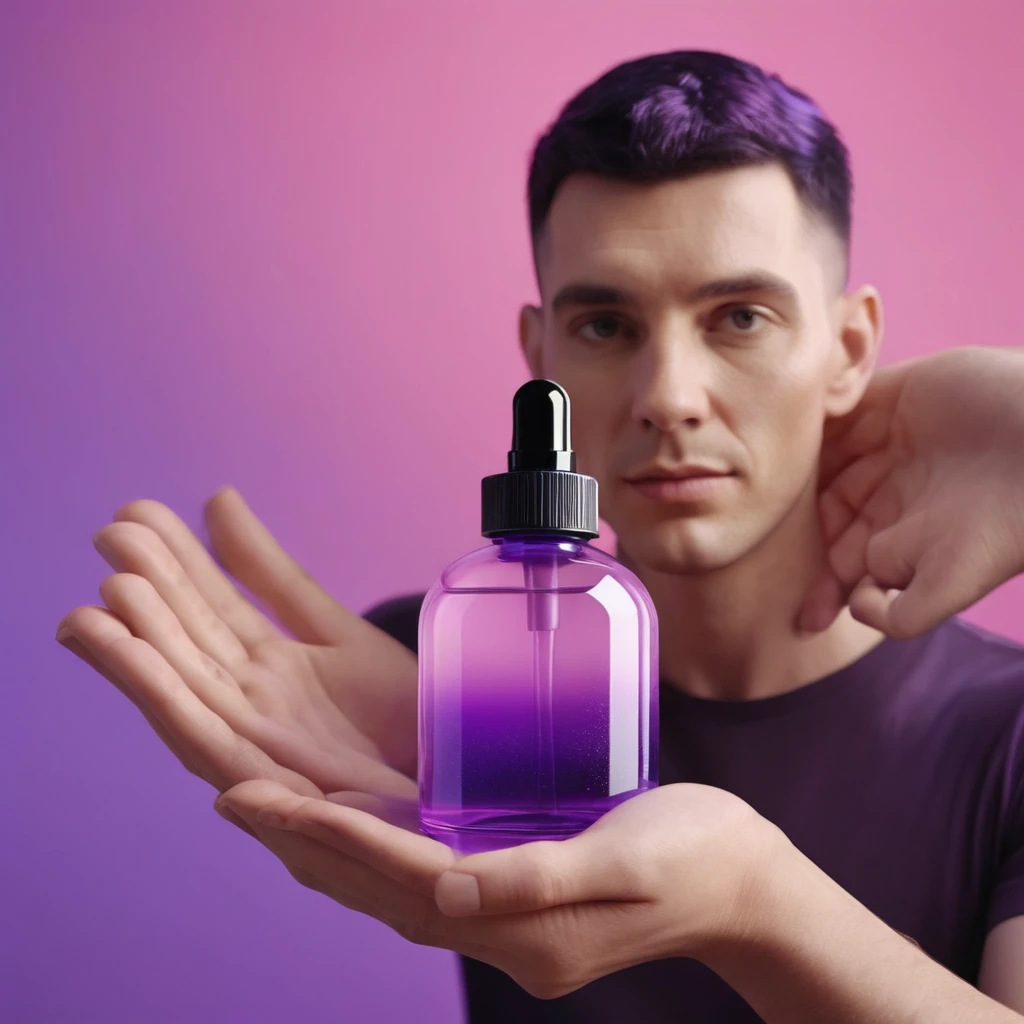 bottle of massage oil in his hand, blackhair white European male hands holding purple bottle of massage oil to her face, that is glowing with pink and purple colours, dripping wet, closeup macro photo, minimalistic, in a light purple and pink style, with s...