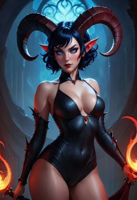 studio portrait of female demon,Tiefling, female, horns,blue eye,short ears,short hair, red skin,  dragon horns, ,  Tiefling,   mysterious,   black ram horns, black curled horns, curved horns, demon horns, long black hair,  rpg, slim waist, wide hips, long...