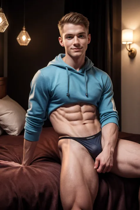 1boy, (Blue Eyes), happy smile,American boy,18 years old,young, slim body, slender, skinny body build, child-like,handsome european strong and manly dark blond bodybuilder with thick muscles with a handsome smirk and very detailed open eyes wearing Retro-s...