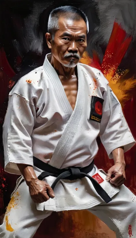 a 60 year old Indonesian man with Western heritage, he is a skilled martial artist, charismatic, driven with enthusiasm, charming, lethal, high ranked budo master with his own distinctive style, performing kata with explosive force, wearing a white gi, mas...