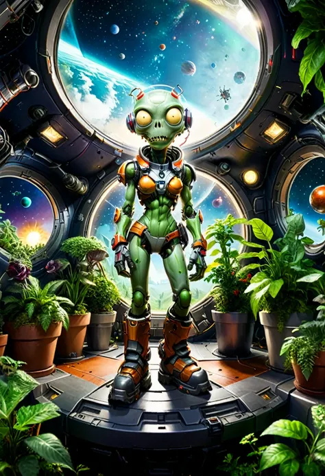 (game,  "Plants vs. Zombies"), a cool space scene where plants explore space aboard spacecraft surrounded by stars and planets. The scene is full of mystery and exploration atmosphere, full body, (Photography), panoramic view, award-winning, cinematic stil...