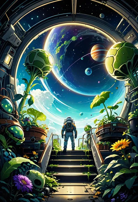 (game,  "Plants vs. Zombies"), a cool space scene where plants explore space aboard spacecraft surrounded by stars and planets. The scene is full of mystery and exploration atmosphere, full body, (Photography), panoramic view, award-winning, cinematic stil...