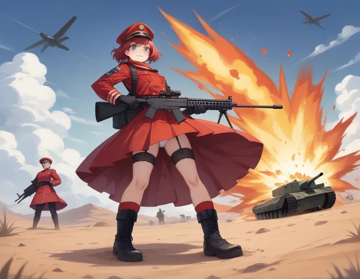 Small breasts、A platoon of girls in bright red military uniforms and long red skirts、Red military uniform and red long skirt、Panty shot、Cute snow-white underwear、garter belt、A pair of girl platoon leaders and soldiers equipped with two assault rifles、deser...