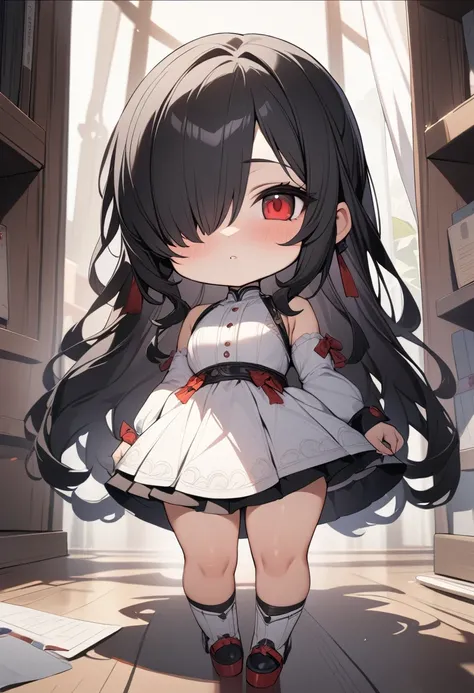 1girl, chibi proportions, chibi, cute, long hair, black hair, hair over one eye, red eye, intricate detail, masterpiece quality, ultra HD, 4K, best quality