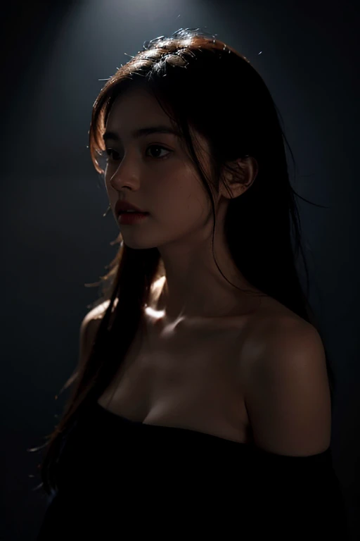 best quality, Masterpiece, Ultra high resolution, (realistic:1.4), raw image, 1 girl, Off the shoulder, in the dark, deep shadow, low voice, cool light, chiaroscuro