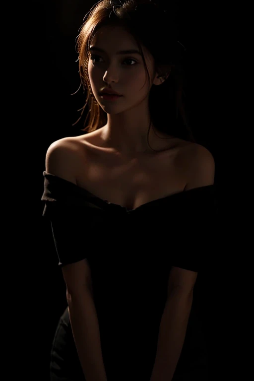 best quality, Masterpiece, Ultra high resolution, (realistic:1.4), raw image, 1 girl, Off the shoulder, in the dark, deep shadow, low voice, cool light, chiaroscuro