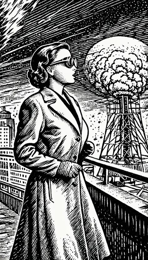 (Black and white woodcut:1.5)、(Second floor in black and white.)、foreground, dark and sinister atmosphere、profile face of a female nuclear scientist, with short hair,  with dark protection googles, wearing long white coat with gloves, Lost look, wearing lo...