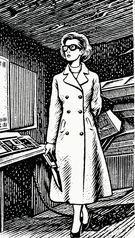 (Black and white woodcut:1.5)、(Second floor in black and white.)、foreground, dark and sinister atmosphere、profile face of a female nuclear scientist, with short hair,  with dark protection googles, wearing long white coat with gloves, Lost look, wearing lo...