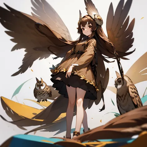 1girl, bird, black eyes, brown dress, brown hair, creature and personification, dress, feathers, full body, long hair, looking at viewer, owl, personification, signature, smile, solo, standing, very long hair, white background, nendroid, pvc figurine