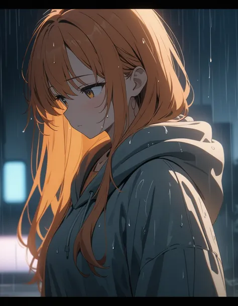 A beautiful anime fox girl with long orange hair, wearing a cozy hoodie, standing in a rainy background, with a cute and sweet expression on her face, (best quality,4k,8k,highres,masterpiece:1.2),,soft lighting,cinematic lighting,detailed fabric textures,w...