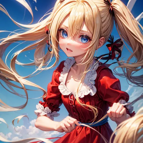 Blonde, pigtails, and Blue eyes and whiskers A red dress