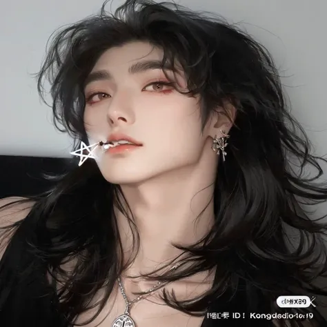 arafed man with a cigarette in his mouth and a necklace on his neck, cai xukun, steven jung, huge earrings and queer make up, androgynous face, taken in the early 2020s, androgynous person, with very thin lips, janice sung, sui ishida with black hair, (12x...