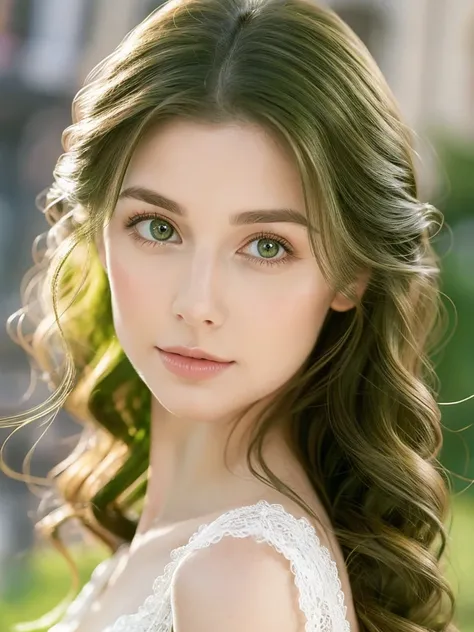 Beautiful realistic European, with facial harmonization, green eyes, Long wavy black hair, small nose, beautiful and full lips, White skin, sexy full body 