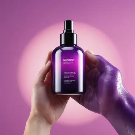 bottle of massage oil in his hand, blackhair white European male hands holding purple bottle of massage oil to her face, that is glowing with pink and purple colours, dripping wet, closeup macro photo, minimalistic, in a light purple and pink style, with s...