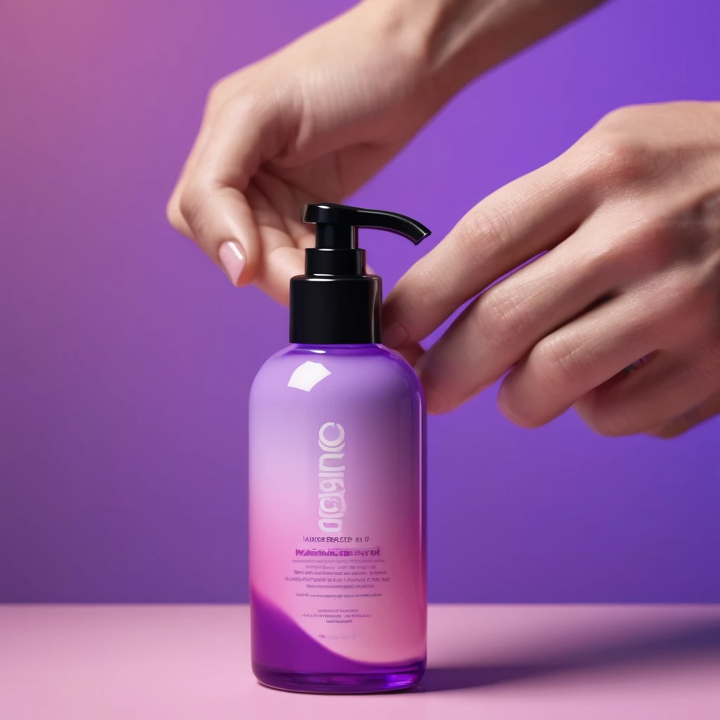 bottle of massage oil in his hand, blackhair white European male hands holding purple bottle of massage oil to her face, that is glowing with pink and purple colours, dripping wet, closeup macro photo, minimalistic, in a light purple and pink style, with s...