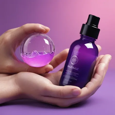 bottle of massage oil in his hand, blackhair white European male hands holding purple bottle of massage oil to her face, that is glowing with pink and purple colours, dripping wet, closeup macro photo, minimalistic, in a light purple and pink style, with s...