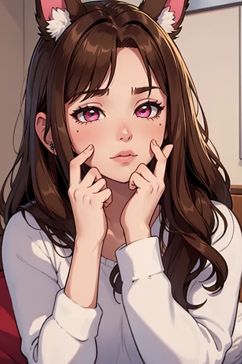 ((masterpiece)), ((detailed, high quality)), girl, cute face:1.2, soft brown hair, super straight hair, ((puppy ears down, floppy ears)), pink eyes, bedroom, close-up, cute pose, very long hair, fluffy bangs, ((dynamic pose)), brown virgin killer sweater