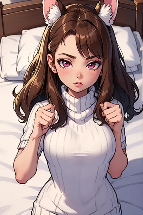 ((masterpiece)), ((detailed, high quality)), girl, cute face:1.2, soft brown hair, super straight hair, ((puppy ears down, floppy ears)), pink eyes, bedroom, close-up, cute pose, very long hair, fluffy bangs, ((dynamic pose)), brown virgin killer sweater