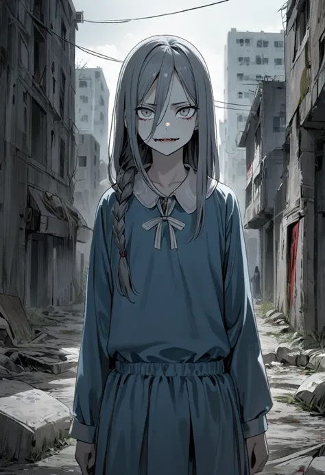  13 years old, hideous smile, creepy, olhar malicioso, gray eyes, abandoned city background with bluish tone with red, drawning, blue dress, intense stare, straight hair with a braid above the shoulder.