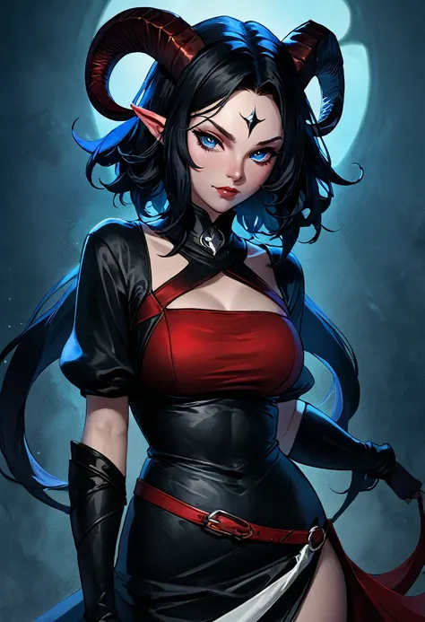 studio portrait of female demon,Tiefling, female, horns,blue eye,short ears,short hair, red skin, dragon horns, , Tiefling, mysterious, black ram horns, black curled horns, curved horns, demon horns, long black hair, rpg, slim waist, wide hips, long legs,a...