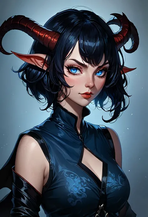 studio portrait of female demon,Tiefling, female, horns,blue eye,short ears,short hair, red skin, dragon horns, , Tiefling, mysterious, black ram horns, black curled horns, curved horns, demon horns, long black hair, rpg, slim waist, wide hips, long legs,a...