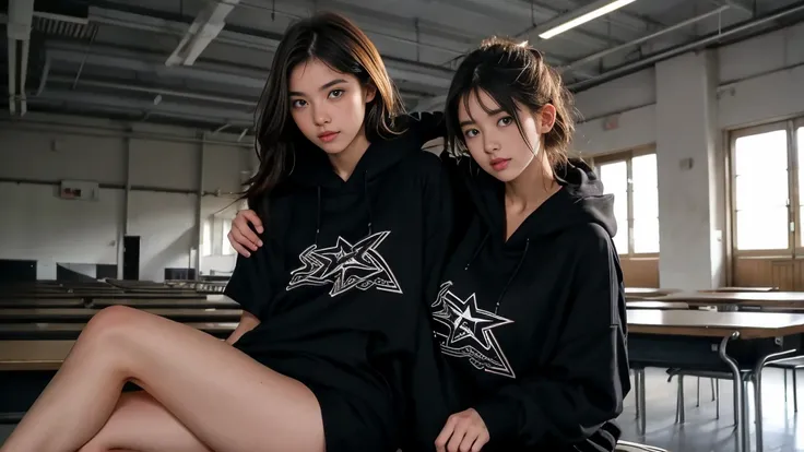 deux femmes ensemble de 18 ans sexy et mince , black short sleeve hoodie , salle de classe, se touche,position sey,sensuel