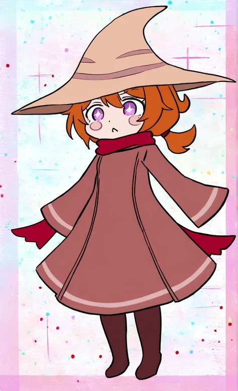 girl, torn brown robe, ginger hair, ponytail, old dirty brown wizard hat, red scarf, pink cheeks, purple starry eyes, dark brown boots, high quality, shading